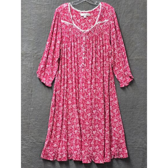 Eileen West Modal Long Sleeve RUFFLED Trim Nightgown Large Red Floral Pajamas - Picture 1 of 5